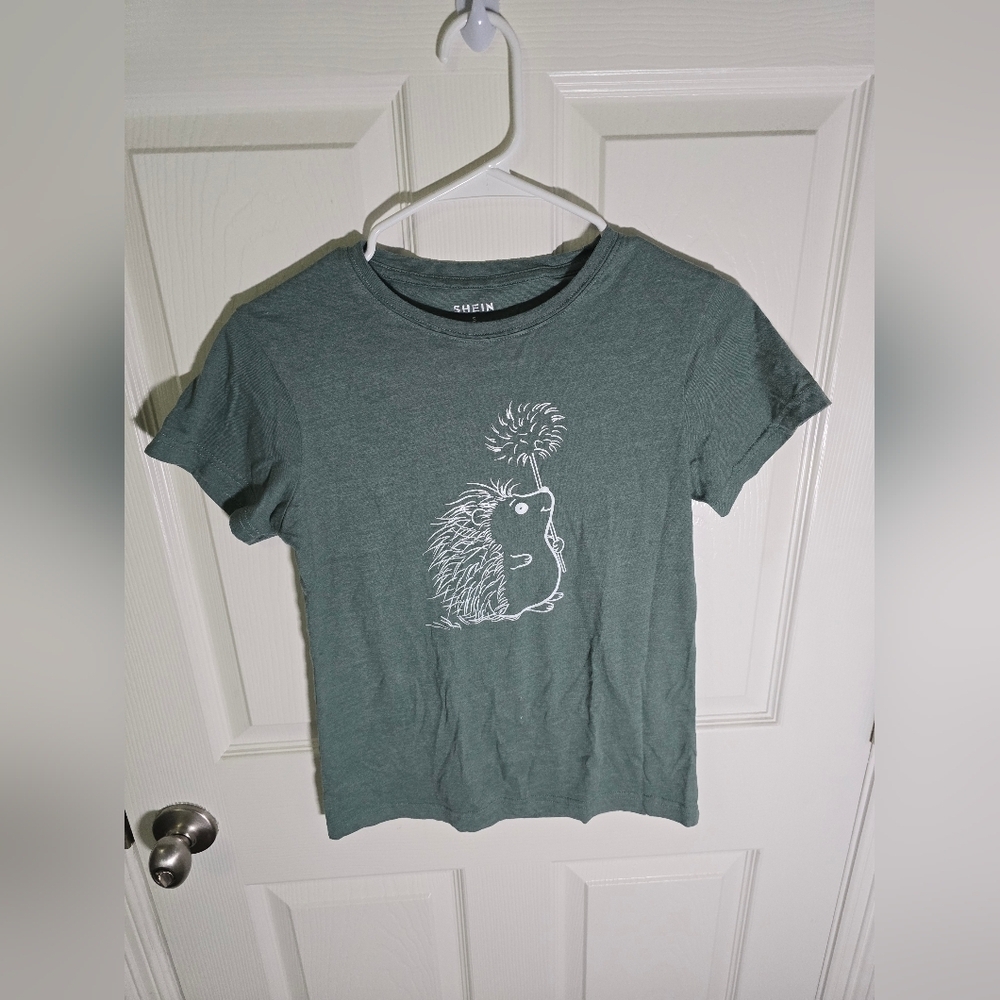 Shein Girls Hedgehog Green Casual Short Sleeve Tee Small